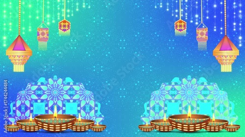 Diwali holiday celebration clip adding decorated clay lamps, traditional rangoli designs, swinging decorative elements and moving particles.