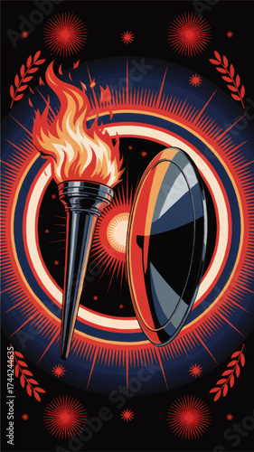 Vibrant Vector Torch and Shield on Black with Radiant Red and Blue Elements, Retro Olympic Flame Graphic Illustration