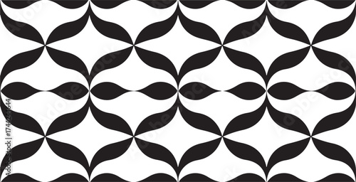 Interlocking curved petal shapes forming a repeating geometric pattern black white