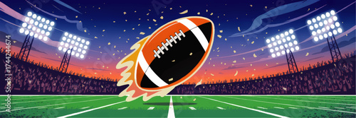 Dynamic American Football Illustration with Flying Ball, Stadium Lights, Cheering Crowd, and Vibrant Sunset Sky – Sports Event Background