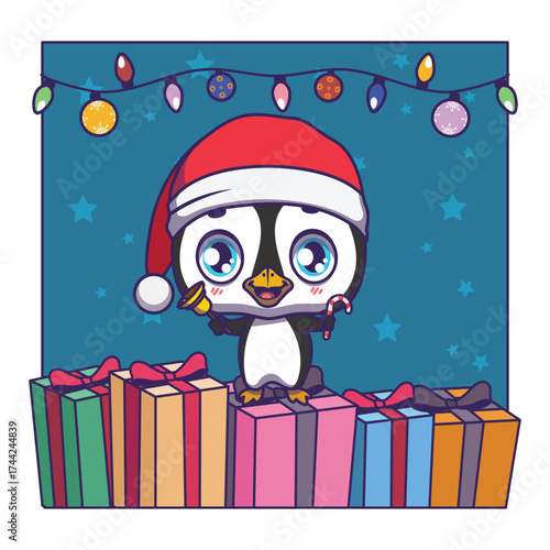 Cute illustration of a festive penguin with a Santa hat