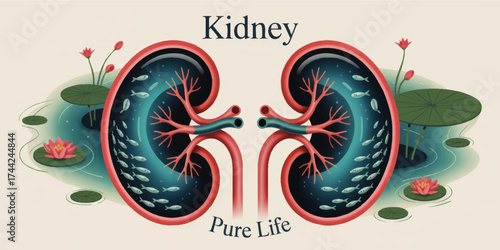 Artistic Illustration of Healthy Kidneys with Fish, Lotus Flowers, and Lily Pads Representing Pure Life and Vitality