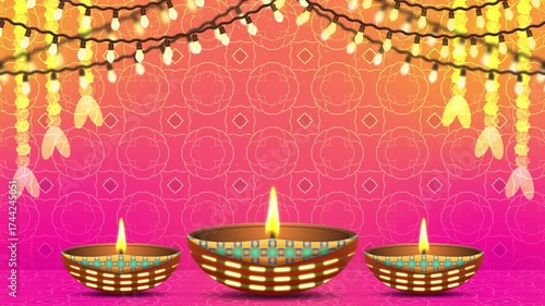 Diwali oil lamp ( diya ) on red gradient background with light series and flower decoration.