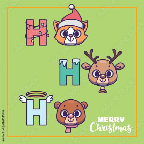 Ho Ho Ho Christmas illustration with cute animal faces