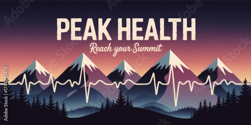 Inspirational Health and Wellness Mountain Landscape Illustration with Heartbeat Line and Motivational Quote