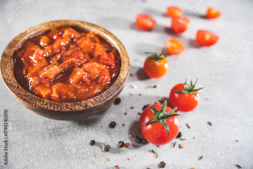 Tomato sauce with cherry tomatoes on gray table. Traditional dip