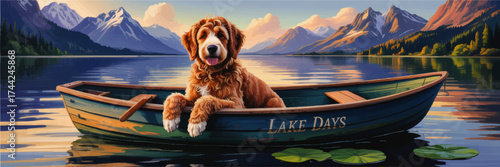 Happy Dog Relaxing in Rowboat on Serene Mountain Lake at Sunset, Vibrant Adventure Art for Outdoor and Pet Lovers