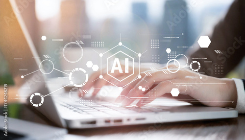 AI活用とDX推進を象徴するビジネスウーマンのノートパソコン作業イメージ