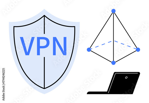 VPN shield for security, a network triangle representing connectivity, and a laptop. Ideal for security, privacy, data protection, online safety, technology networking encryption. Simple flat