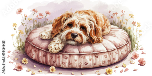 Cute Cavapoo Dog Resting on Cozy Bed in Spring Garden, Watercolor Illustration with Flowers and Pastel Colors, Adorable Pet Art