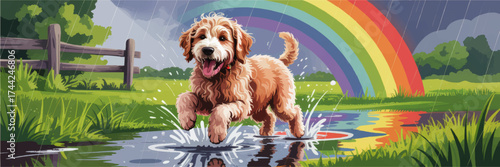 Playful dog splashing in puddle under rainbow during rain, vibrant countryside landscape, cheerful pet illustration