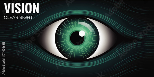 Futuristic Digital Eye with Circuit Technology Elements, Vision and Clear Sight Theme, Abstract Green and Black Vector Illustration