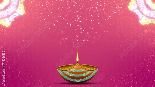 Oil lamps burning on red gradient background with bright pattern and moving particles. Concept of Diwali celebration background.