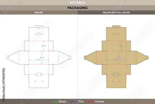 Box with handle dieline, tuck end variations with interlocking buckles, packaging template with fold and die line details for professional shipping and display