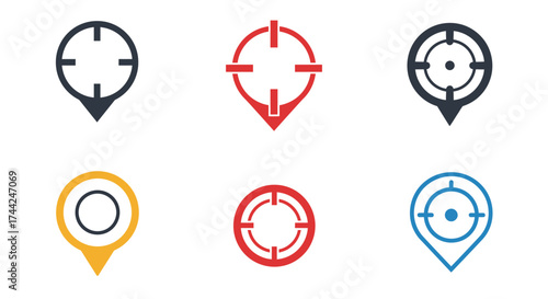 Collection of colorful target or location pin icons on white background