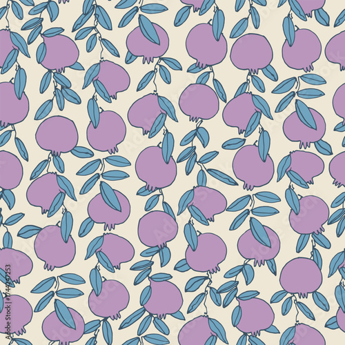 Seamless pattern. Pomegranate tree branches with fruit. Outlined vector illustration on light-colored background for surface design and other design projects Shana Tova