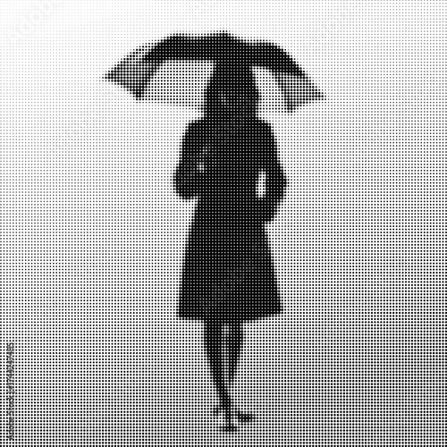 Minimalist vector silhouette of a woman standing with an umbrella in halftone style, suitable for posters, prints, backgrounds, and fashion or weather design concepts.
