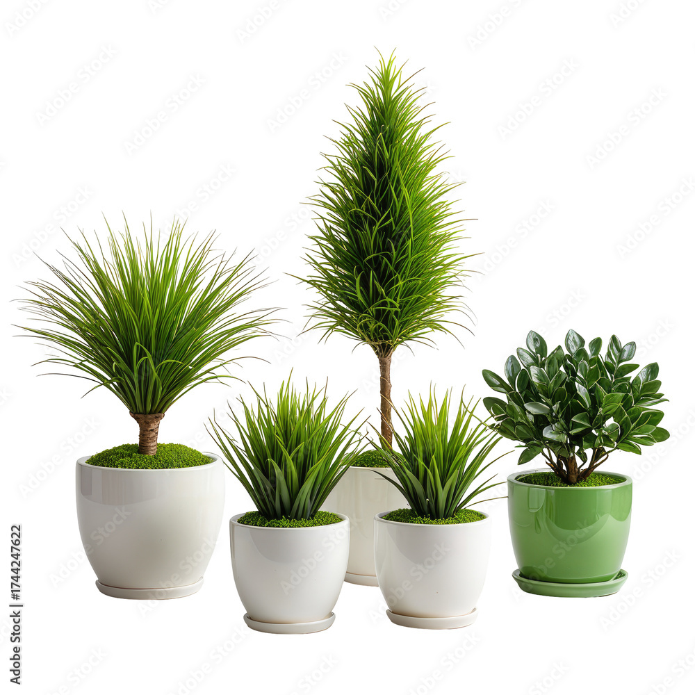 Obraz premium Group of various green potted plants, some with tall, tree-like shapes