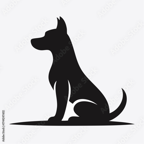 A dark silhouette of a dog sitting in profile with a white collar on a white background.