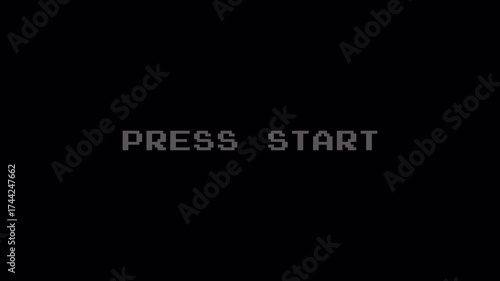 PRESS START Pixelated Text Glitching Video Loop with Retro Gaming and Analog VHS Distortion Effects