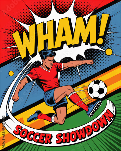 Dynamic Pop Art Soccer Player Kicking Ball Comic Book Style, Action Sports Poster, Wham Text, Vibrant Retro Colors