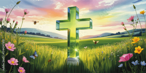 Vibrant Serenity Cross in Wildflower Meadow at Sunrise – Spiritual Tranquility, Nature, Bees, Butterflies, and Pastel Sky