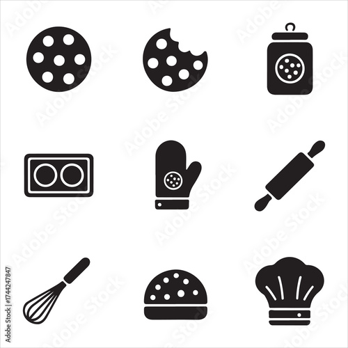 cookie day vector art icon pack silhuoette icon set bandle banner 9 sampol disign black and white backgrount icons