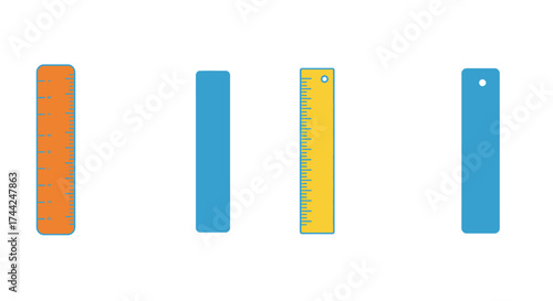 Four colorful rulers with measurement markings aligned vertically in a row