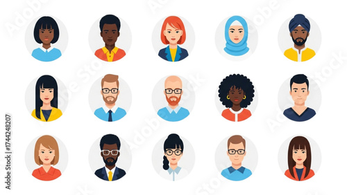 Diverse Flat Design Avatar Icon Set of 15 People – Modern Profile Illustrations Collection