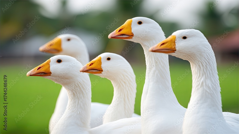 Obraz premium Five white geese gathered together in a green field during late afternoon, showcasing their vibrant orange beaks and curious expressions