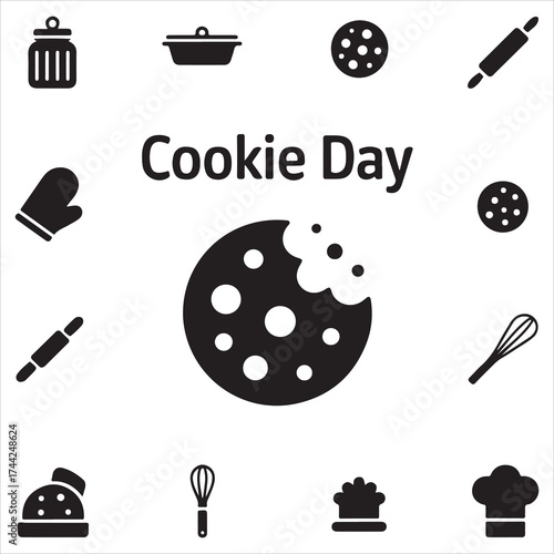 cookie day vector art icon pack silhuoette icon set bandle banner 9 sampol disign black and white backgrount icons