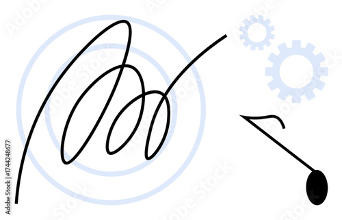 Black abstract scribble with concentric circles, blue gears, and a swinging pendulum. Ideal for creativity, innovation, process, problem-solving, productivity workflow and simplicity. Minimalist