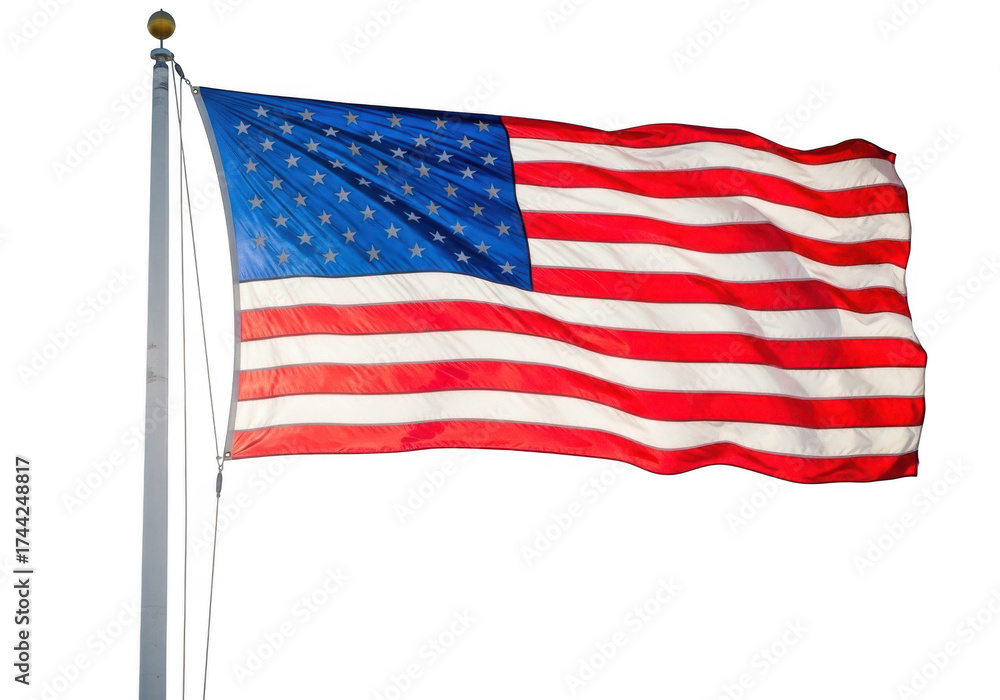 Obraz premium American flag waving on flagpole, patriotic red white blue stars stripes banner, national emblem illustration for independence day isolated on Transparent Background