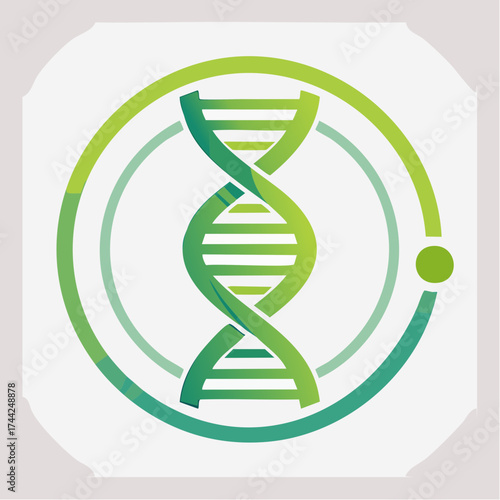 Green DNA helix graphic inside a circle, representing science, genetics, and biology.