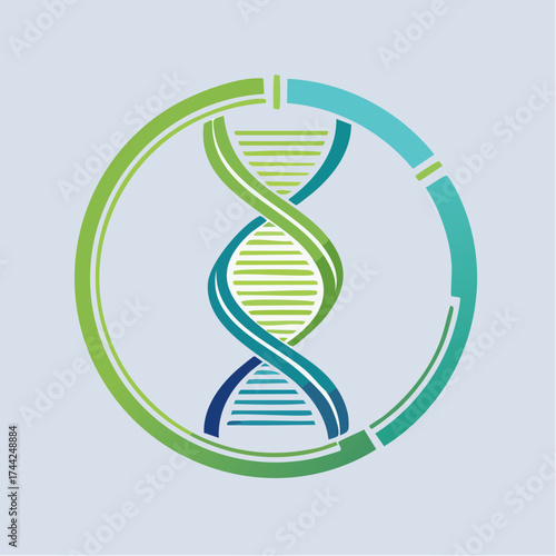 A stylized DNA double helix is encircled by a segmented ring, with a gradient of green and blue hues.