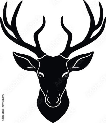 Stock photo keywords describing this deer head silhouette vector illustration include wild animal, stag, reindeer, antlers, buck, mammal, icon, and nature design