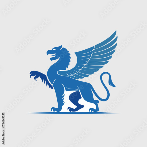 Blue Griffin with Elegant Spread Wings Standing, Mythical Creature Vector Design on Isolated White Background