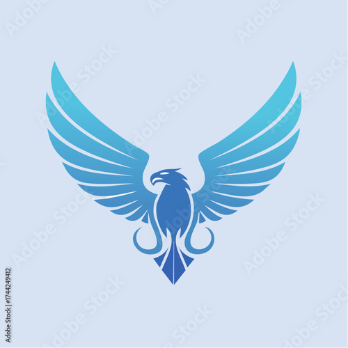 Stylized blue bird logo with outstretched wings and decorative elements.
