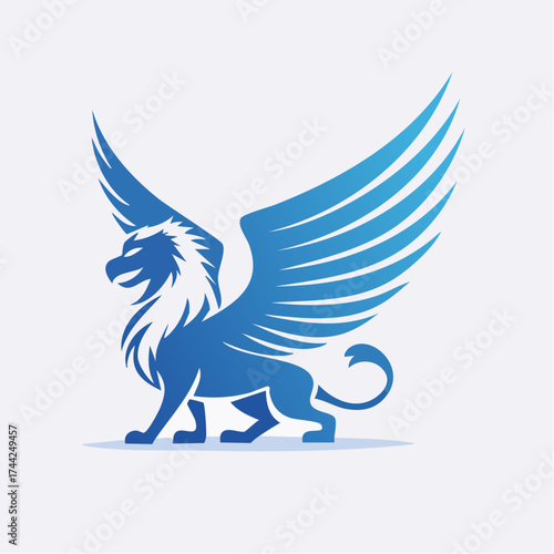 Powerful Blue Griffin Standing with Outstretched Wings, Mythical Creature Vector Design on Isolated White Background