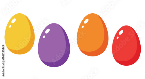 Four brightly colored shiny egg shapes arranged in a horizontal row