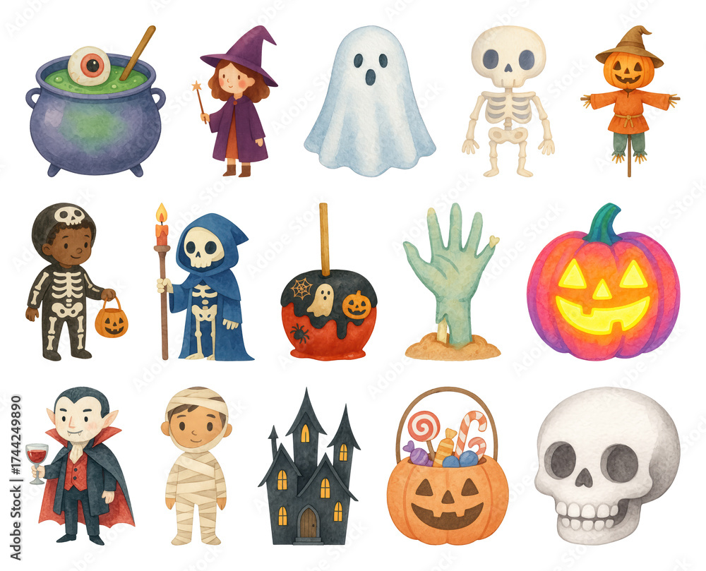 Obraz premium PNG Whimsical Halloween character illustrations, element set on transparent background