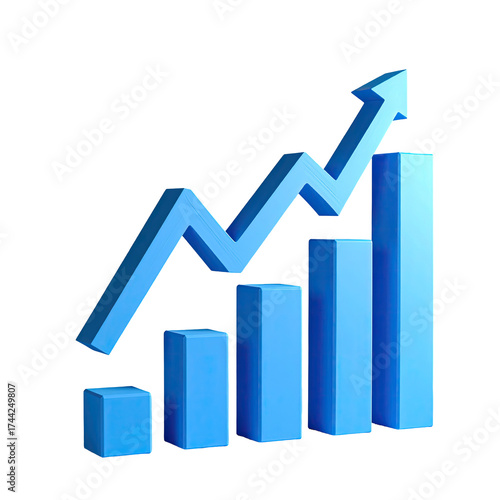 Free Download 3D illustration of a blue rising bar graph with an upward trending zig-zag arrow - GFXLoad