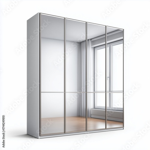 Contemporary bifold closet door with mirror panels and slim aluminum profile on white background