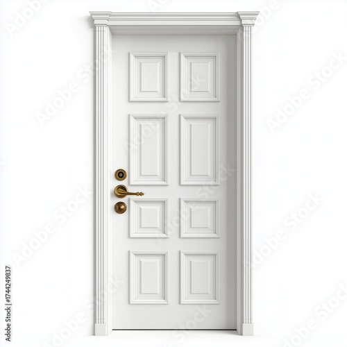 Classic white painted wooden door with six raised panels and vintage brass doorknob on white background