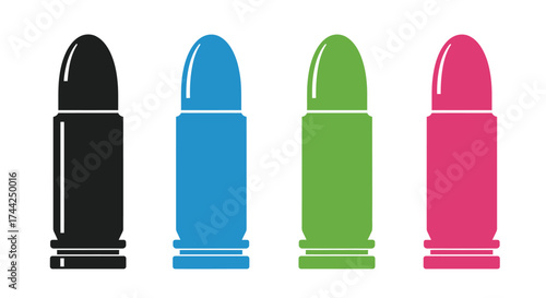 Four colorful bullets displayed in a row showing different ammunition types