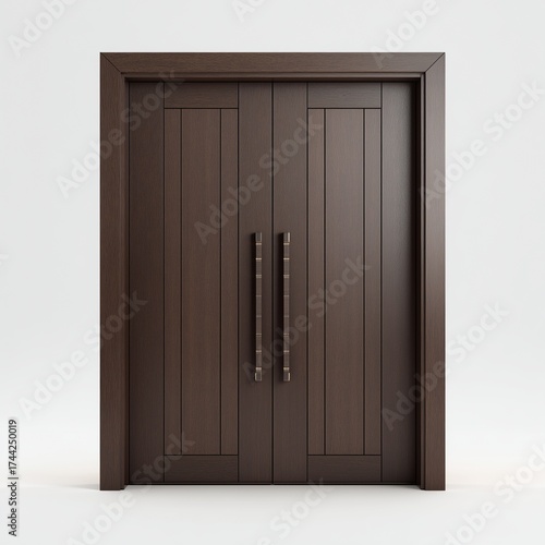 Elegant dark oak double doors with vertical grain pattern and minimalist design on clean white background