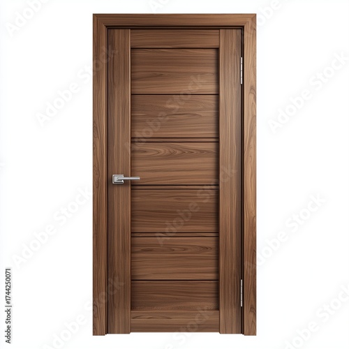 Elegant walnut wood interior door with horizontal grain and chrome lever handle on white background