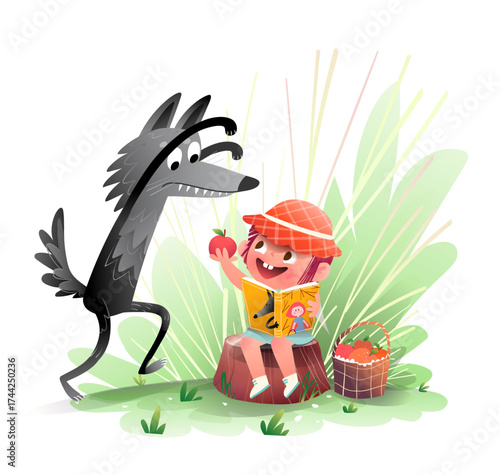 Fairytale illustration of Little Red Riding Hood reading a book in the forest with scary big wolf. Fun storytelling scene for children story. Hand drawn vector cartoon illustration for kids tales.