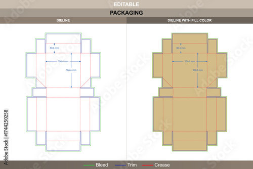 Custom dimensions flip top boxes with lock dieline, editable packaging template for products with folding structure and precise die line layout for professional printing