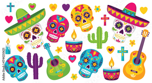 Flat style illustration of Día de los Muertos celebration with sugar skulls, sombreros, guitars, candles, cacti, and festive decorations representing Mexican culture and tradition